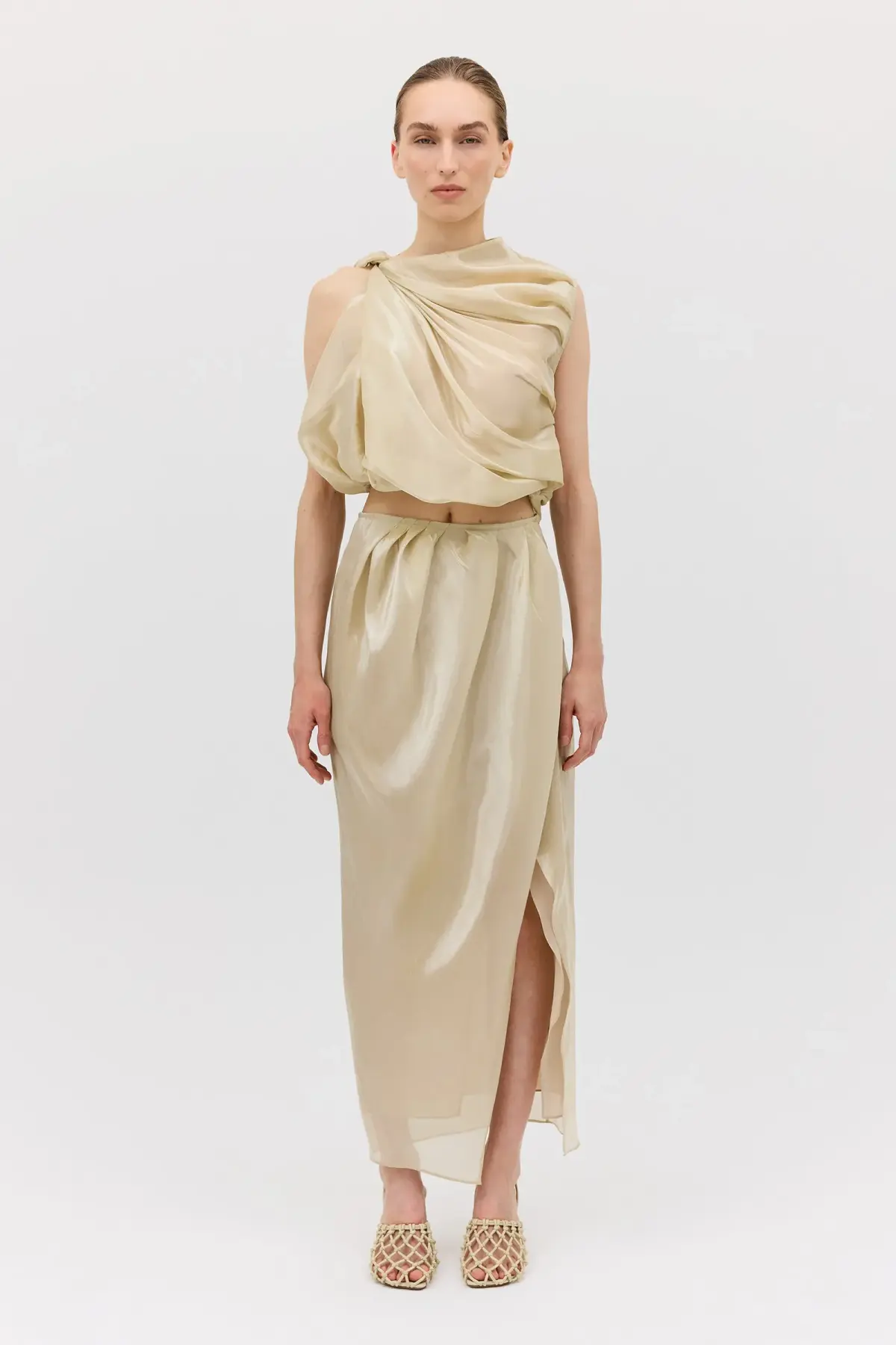 Bianca Spender Champagne Liquid Organza Tumble Top Gold Size 8/S for rent on The Volte - main image