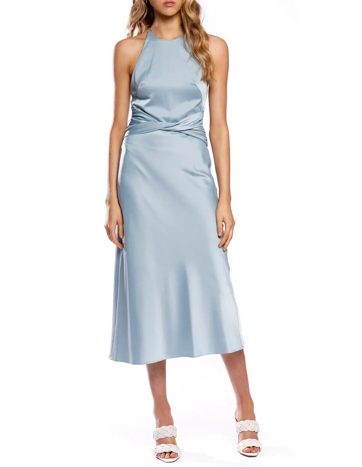 Pasduchas Beau Twist Midi Dress Blue Size AU 14 - Image 1