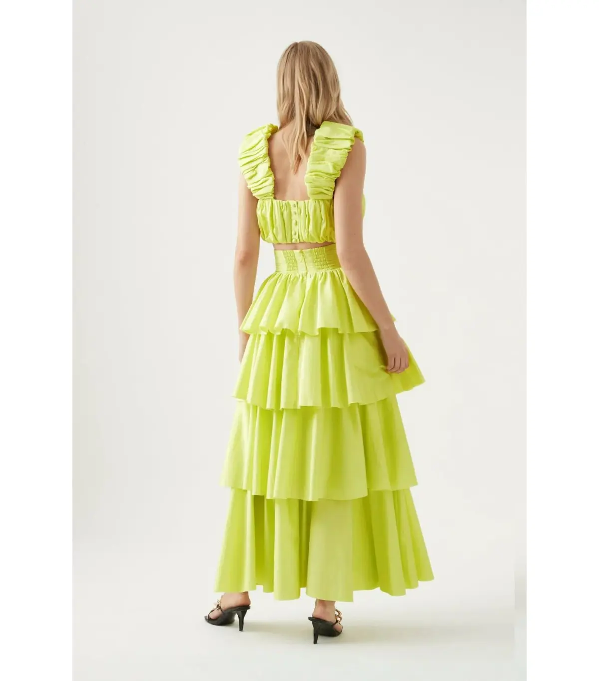 Aje Medina Ruched Top Size AU 12 and Tiered Midi Skirt Size AU 14 Set in Lemon - Image 4