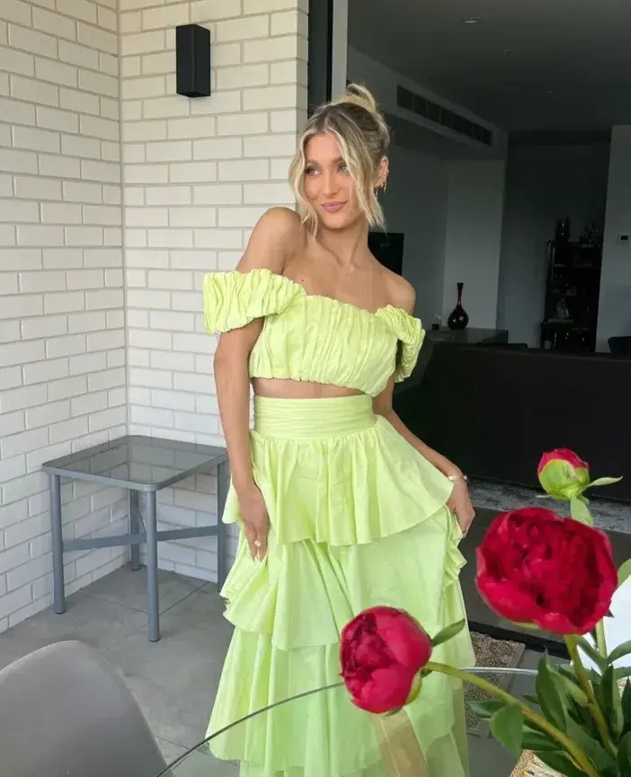 Aje Medina Ruched Top Size AU 12 and Tiered Midi Skirt Size AU 14 Set in Lemon - Image 6