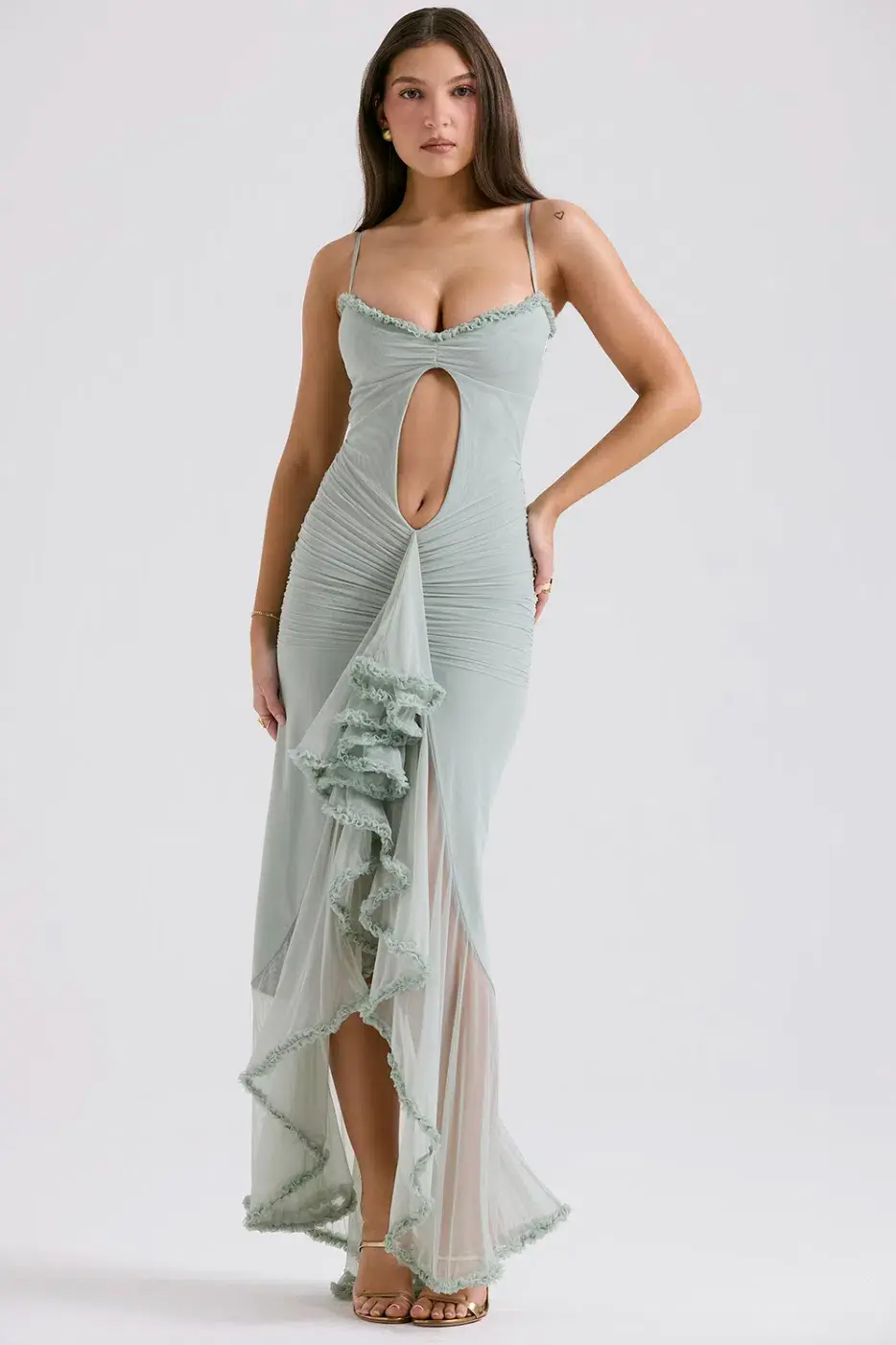 House Of Cb Gabriella Pistachio Ruffled Front Gown Size AU 8 for rent on The Volte - main image