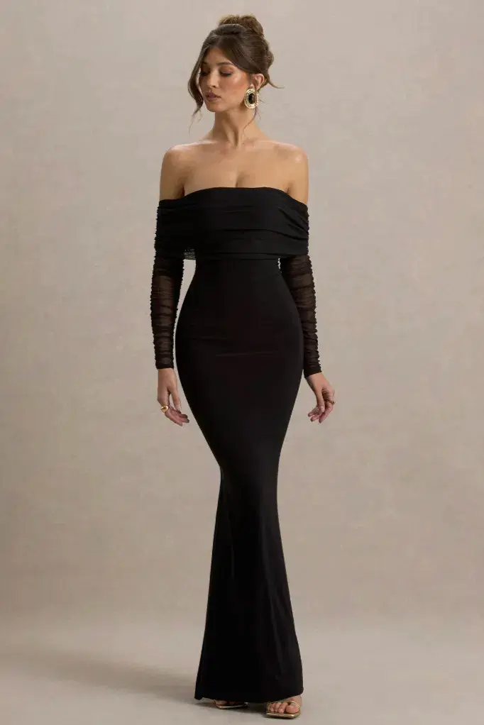 Club L London Madeleine Black Fishtail Maxi Dress With Bardot Mesh Black Size 6 - Image 1
