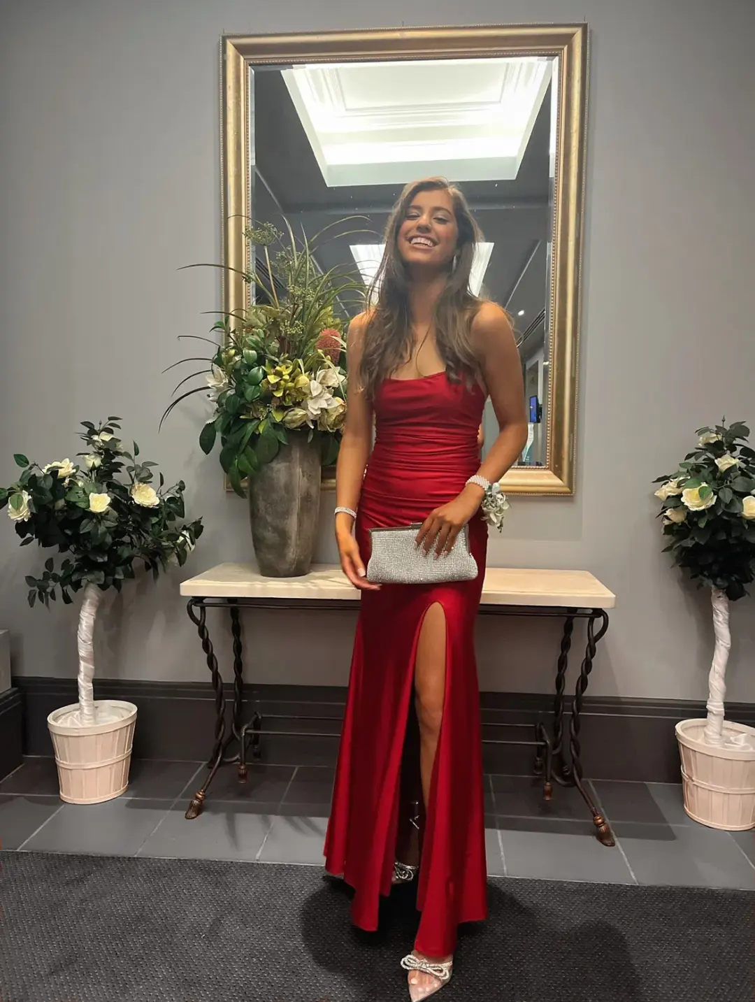 Lavro Couture Dresses Elegant Tie Up Back Satin Gown with Split  Maxi Dress in Red Size AU 6 for rent on The Volte - main image