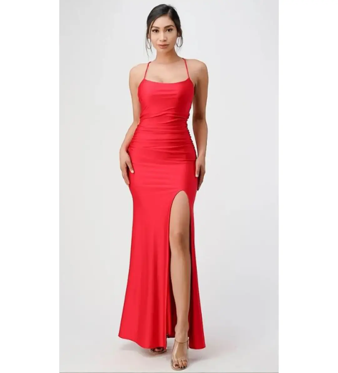 Lavro Couture Dresses Elegant Tie Up Back Satin Gown with Split  Maxi Dress in Red Size AU 6 for rent on The Volte - main image