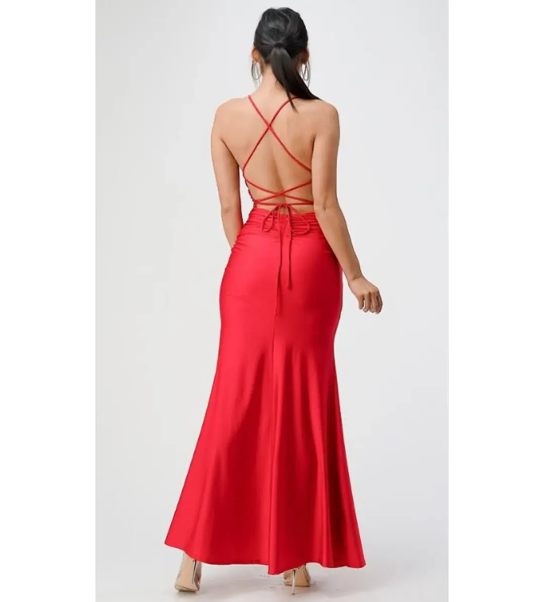 Lavro Couture Dresses Elegant Tie Up Back Satin Gown with Split  Maxi Dress in Red Size AU 6 for rent on The Volte - main image