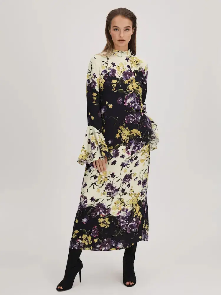 Florere Printed Fluted Cuff Midi Dress in Multi Size 10 - Image 1