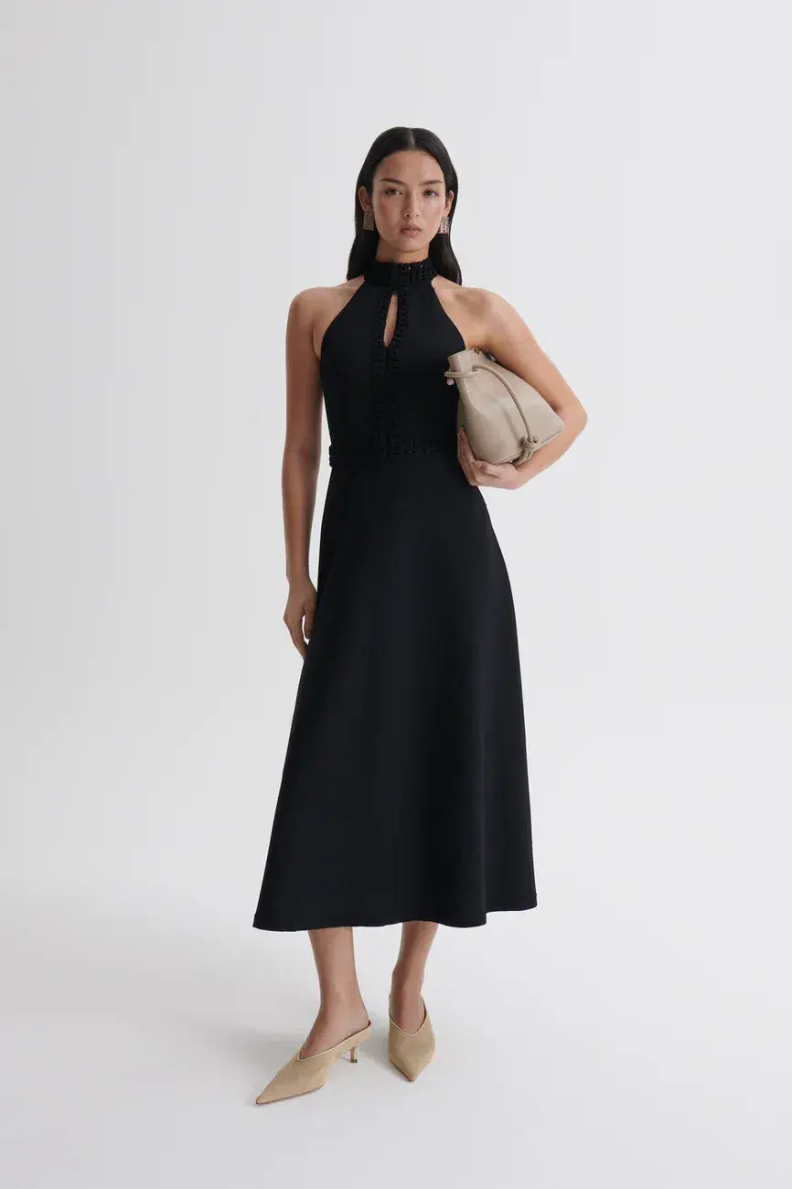 Scanlan Theodore Crepe Knit Daisy Sleeveless Midi Dress Black Size 8 - Image 1