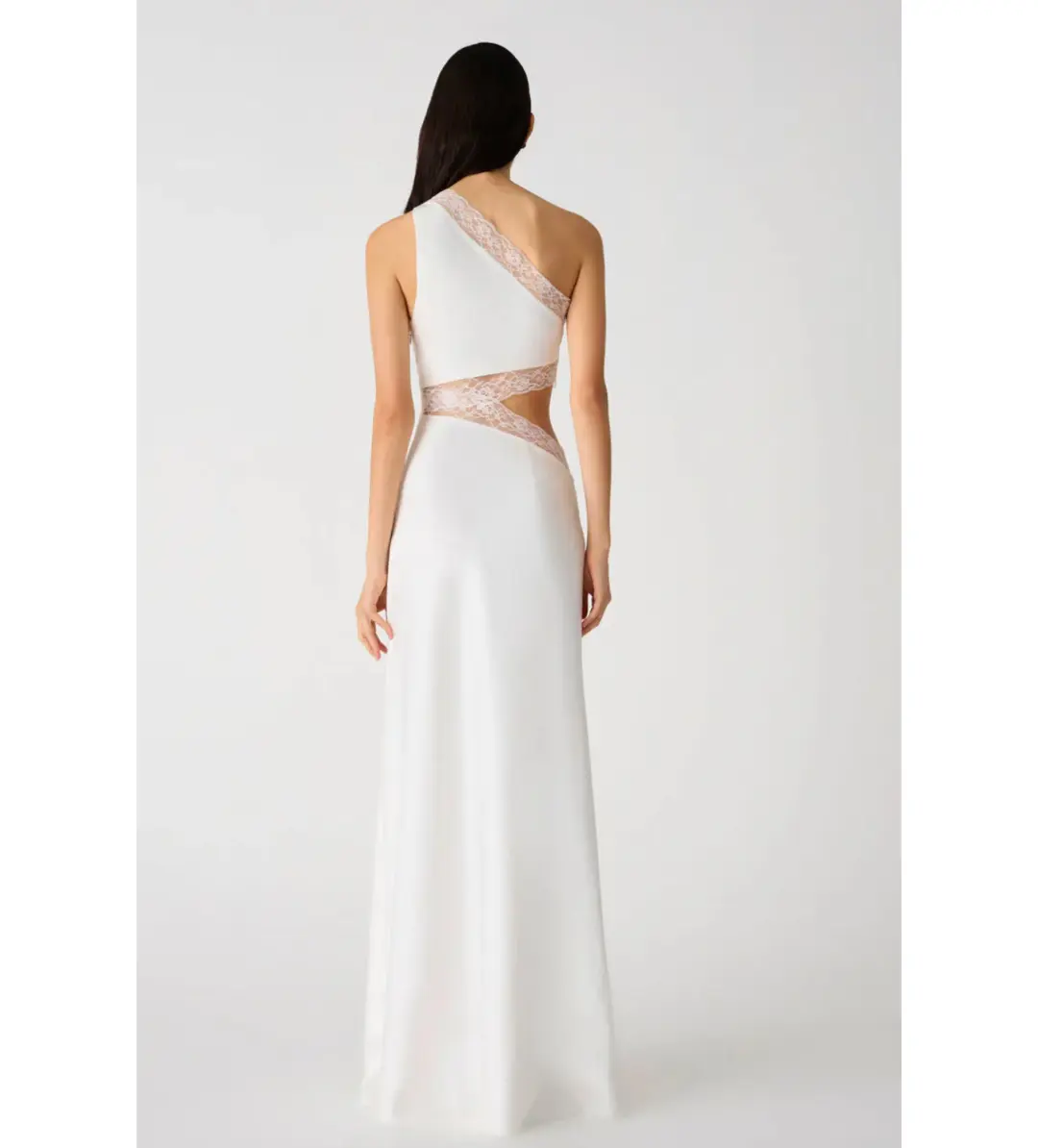Misha Jillian Asymmetric Lace Gown in Ivory Size 12/L for rent on The Volte - main image