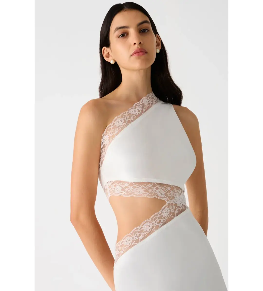 Misha Jillian Asymmetric Lace Gown in Ivory Size 12/L for rent on The Volte - main image