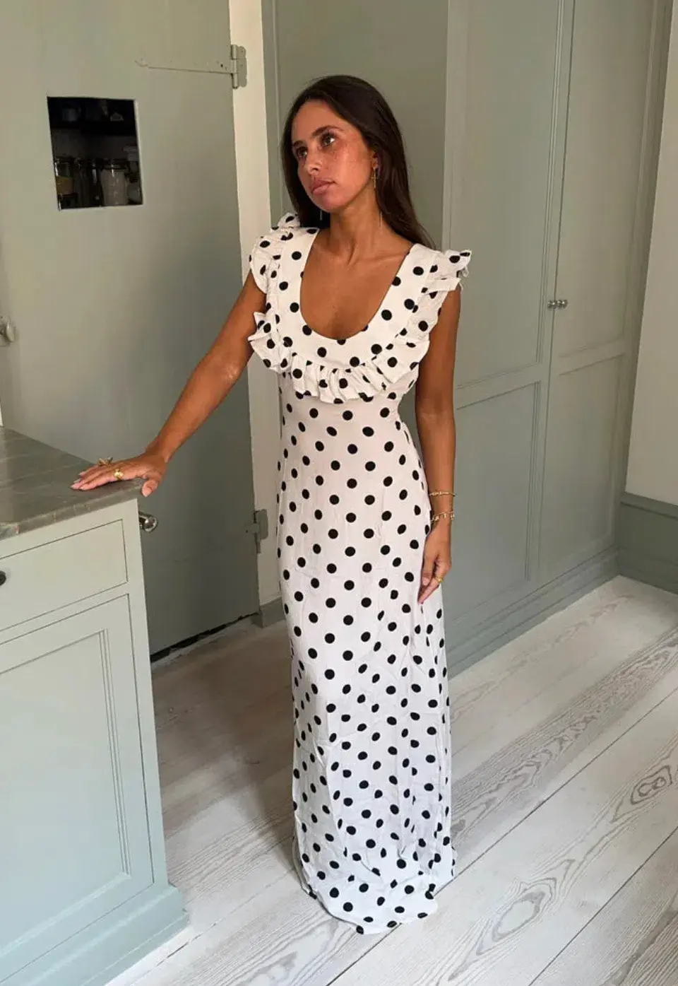 Design By Si Luna Maxi Dress in White with Polka Dots Size XS/AU6 for rent on The Volte - main image