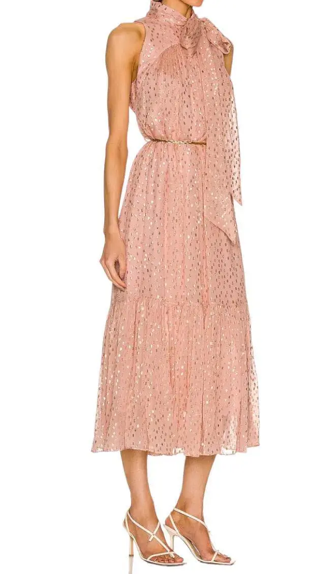 Zimmermann Metallic Dot Tie Neck Midi Dress Blush Size 2 /AU 12 - Image 2
