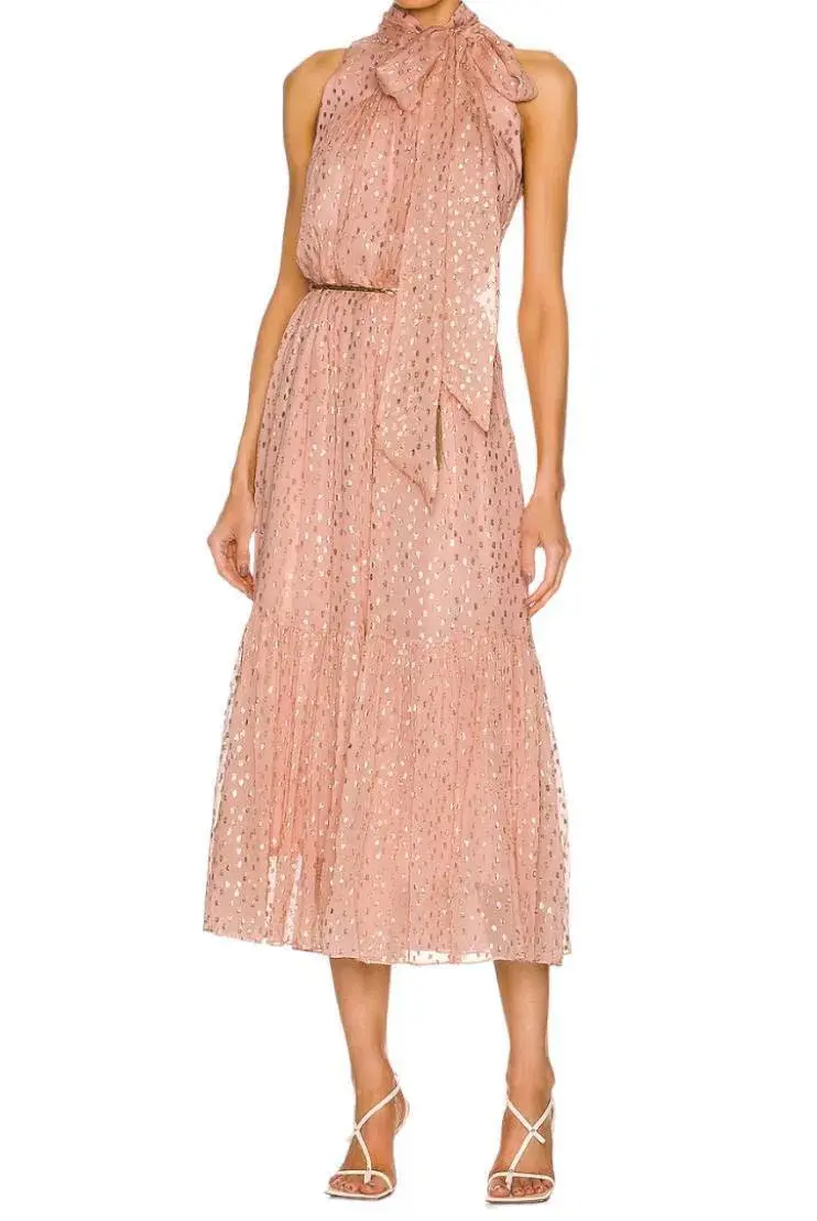 Zimmermann Metallic Dot Tie Neck Midi Dress Blush Size 2 /AU 12 for rent on The Volte - main image