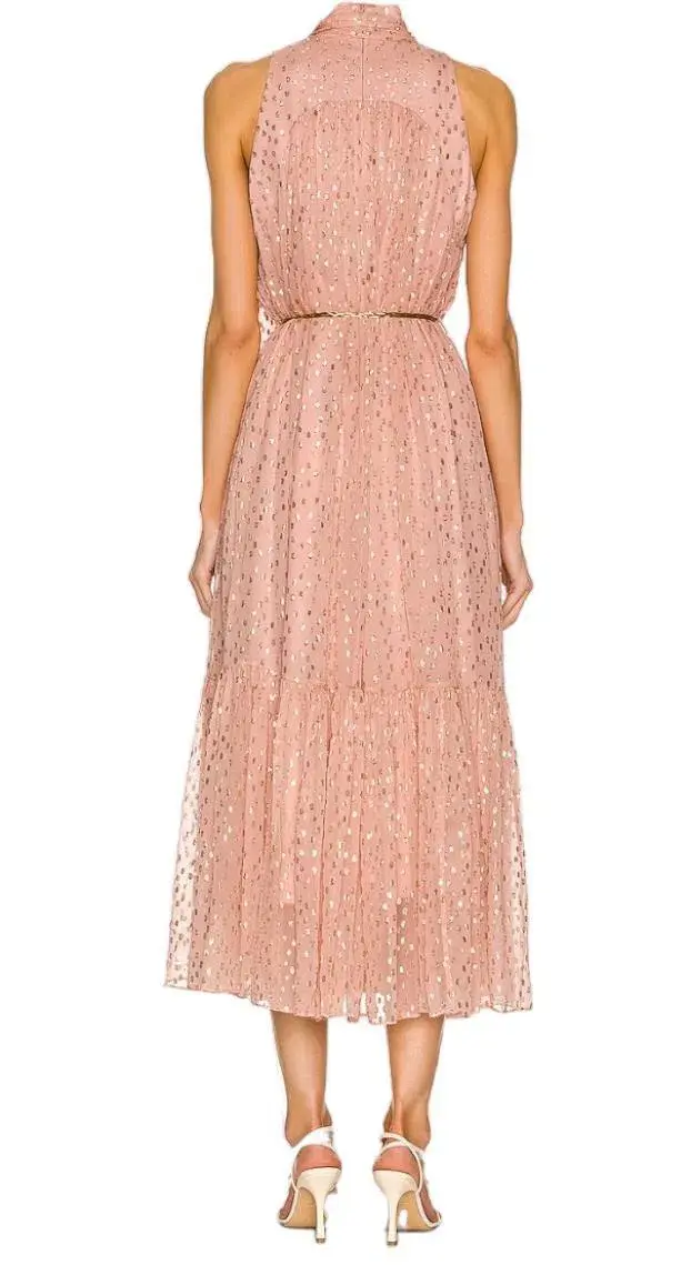 Zimmermann Metallic Dot Tie Neck Midi Dress Blush Size 2 /AU 12 for rent on The Volte - main image