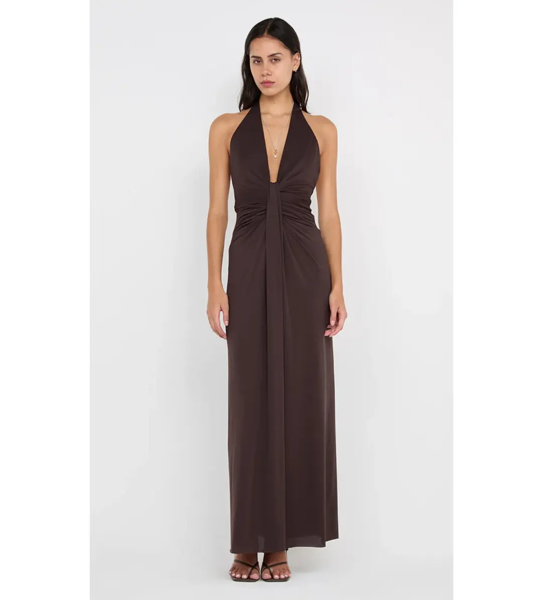 Bec & Bridge Tillie Drape Maxi Dress Dark Chocolate Size AU 6 for rent on The Volte - main image