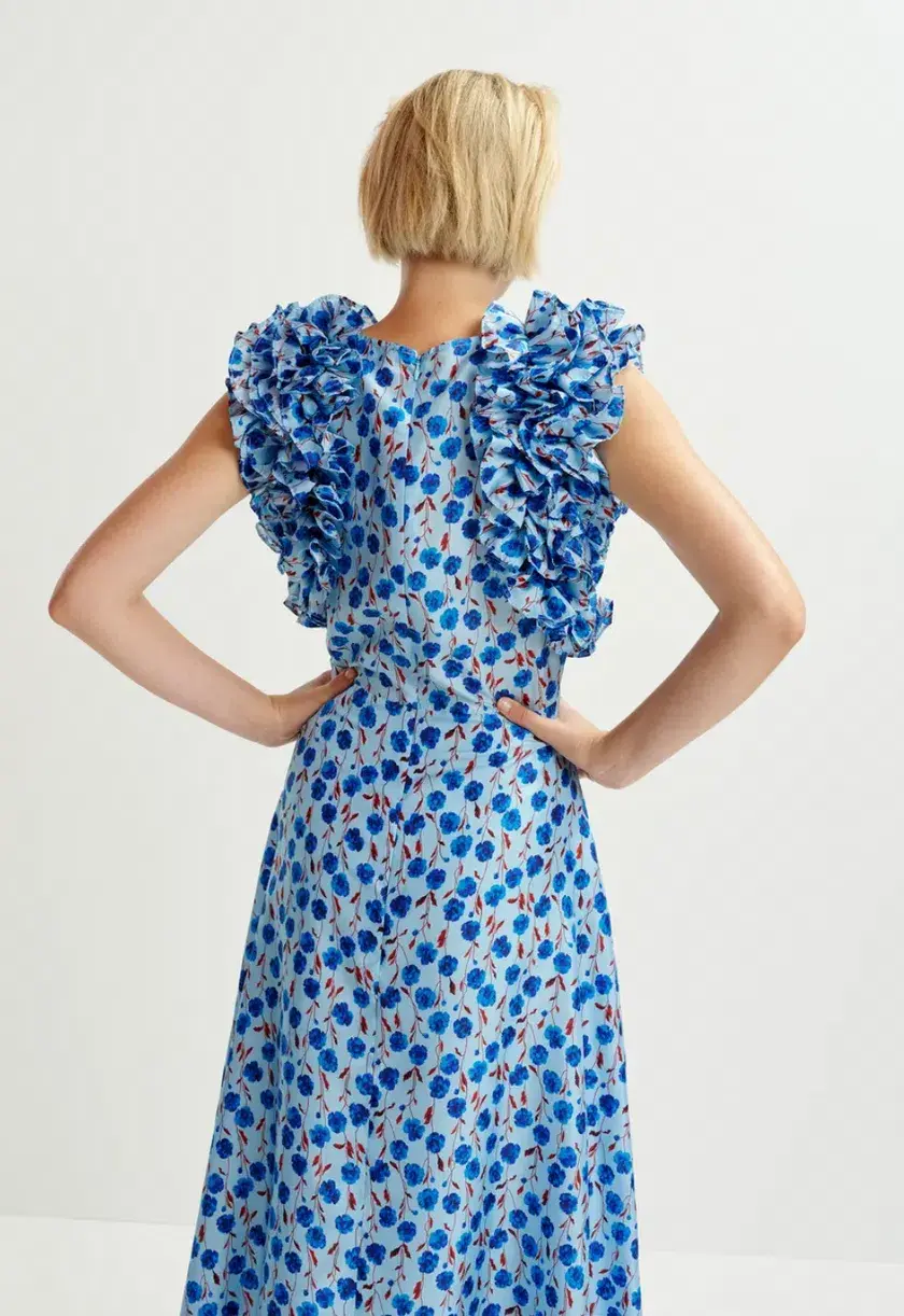 Essentiel Antwerp Essentiel Silk Print Ruffle Midi Dress in Blue Floral Size 10  - Image 2