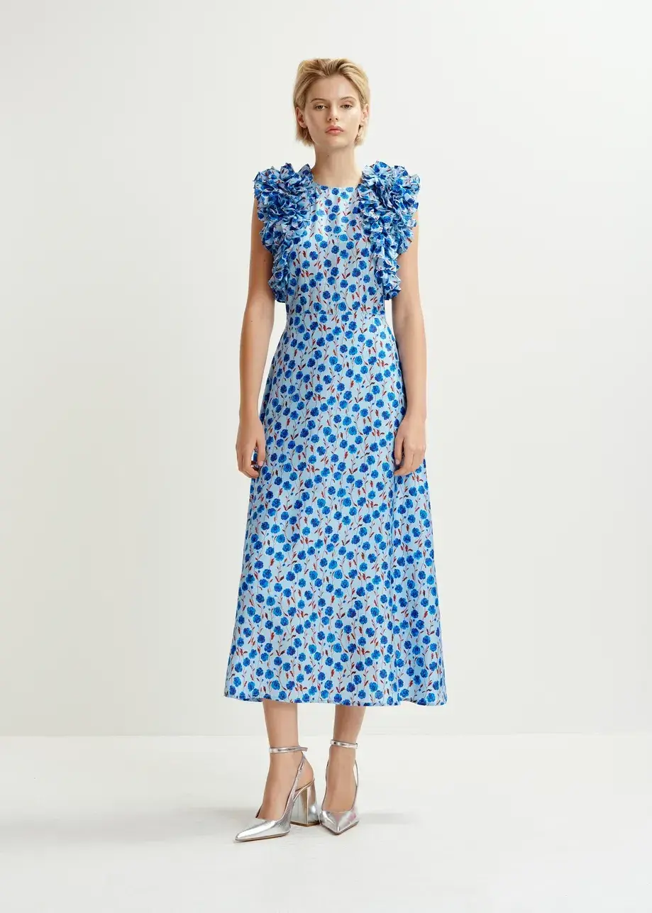 Essentiel Antwerp Essentiel Silk Print Ruffle Midi Dress in Blue Floral Size 10  - Image 1