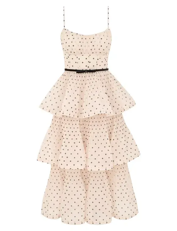 Zimmermann The Pleated Tiered Midi Dress in Cream/Black Polka Dot Size 8 - Image 1