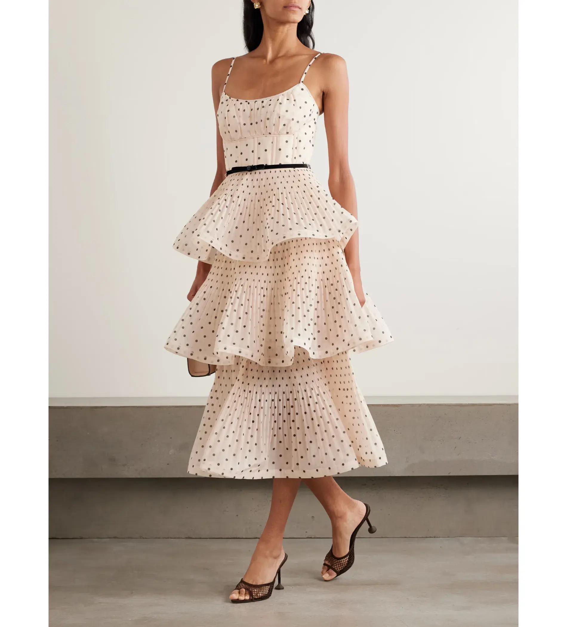 Zimmermann Pleated Tiered Midi Dress in Cream Black Polka Dot Size 1/AU10 - Image 1