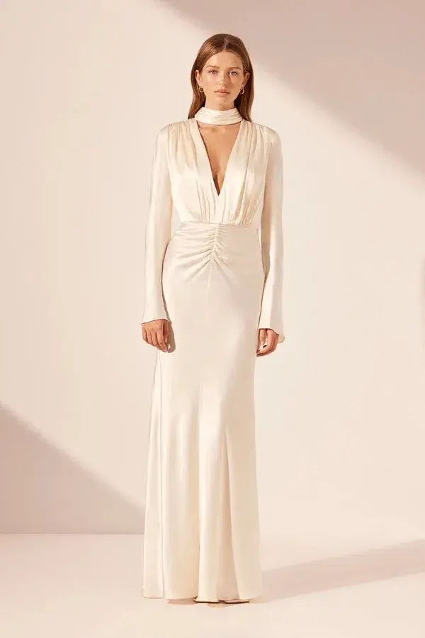 Shona Joy La Lune Plunged Long Sleeve Maxi Dress Cream Size 6 - Image 1