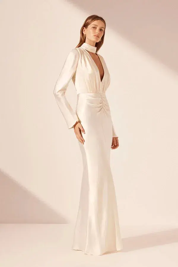 Shona Joy La Lune Plunged Long Sleeve Maxi Dress Cream Size 6 - Image 2