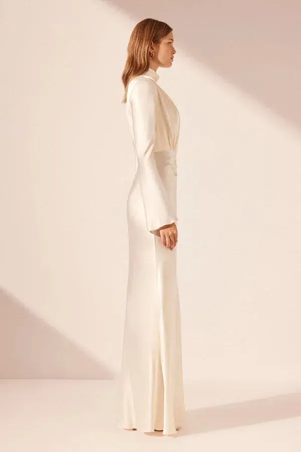 Shona Joy La Lune Plunged Long Sleeve Maxi Dress Cream Size 6 - Image 3