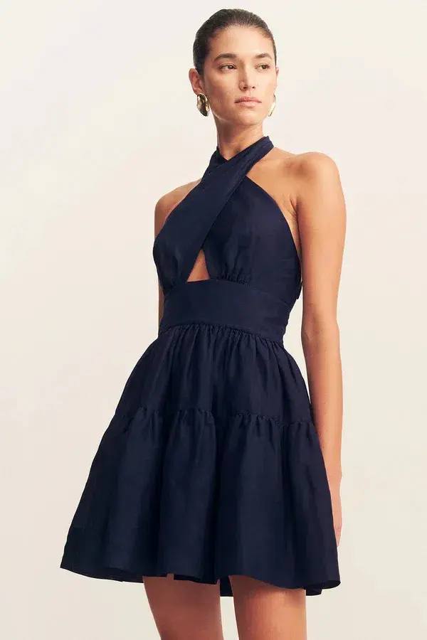 Shona Joy Celeste Halter Tiered Mini Dress in Midnight Size AU 14 - Image 4