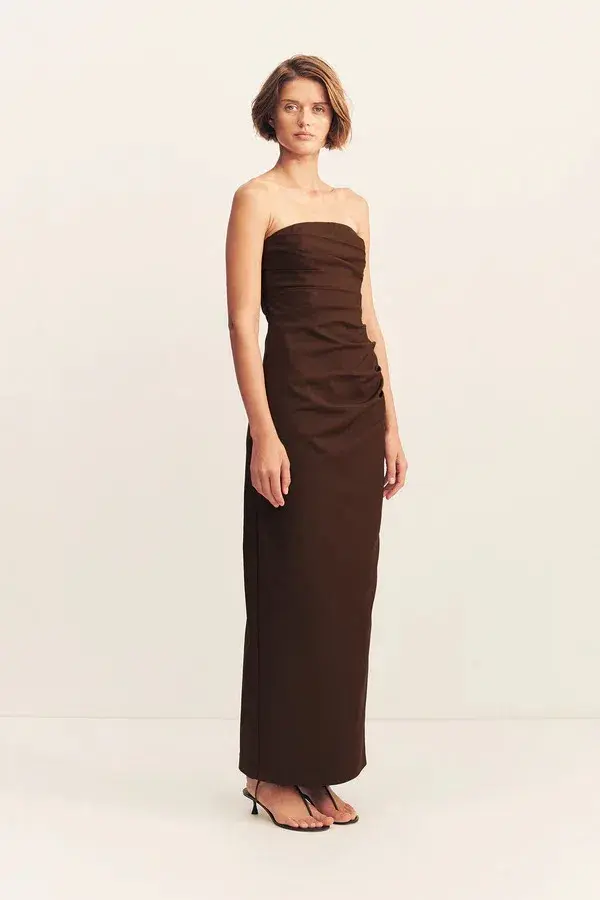 Shona Joy Lani Strapless Draped Maxi Dress Espresso Size AU 14 for rent on The Volte - main image