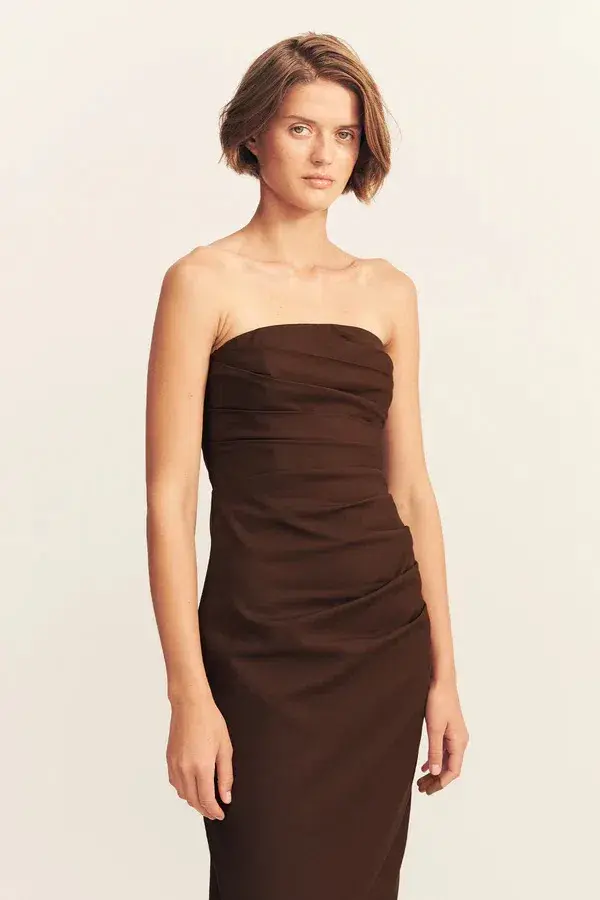 Shona Joy Lani Strapless Draped Maxi Dress Espresso Size AU 14 for rent on The Volte - main image