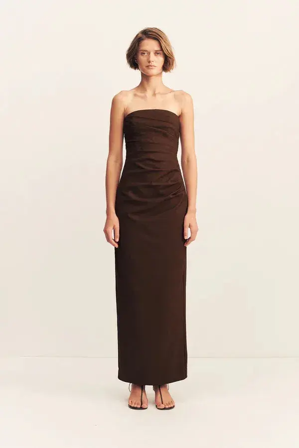 Shona Joy Lani Strapless Draped Maxi Dress Espresso Size AU 14 for rent on The Volte - main image