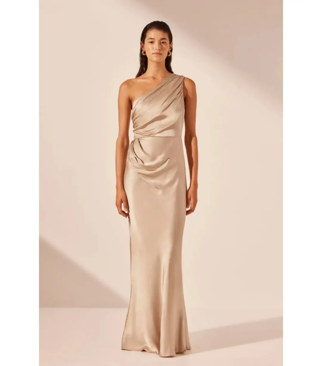 Shona Joy La Lune Gathered One Shoulder Maxi Dress Gold Size AU 16 for rent on The Volte - main image