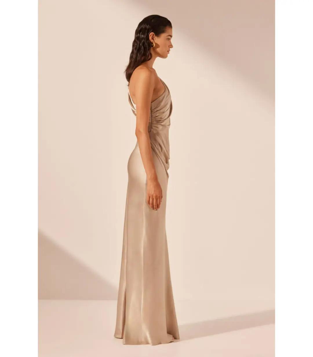 Shona Joy La Lune Gathered One Shoulder Maxi Dress Gold Size AU 16 for rent on The Volte - main image