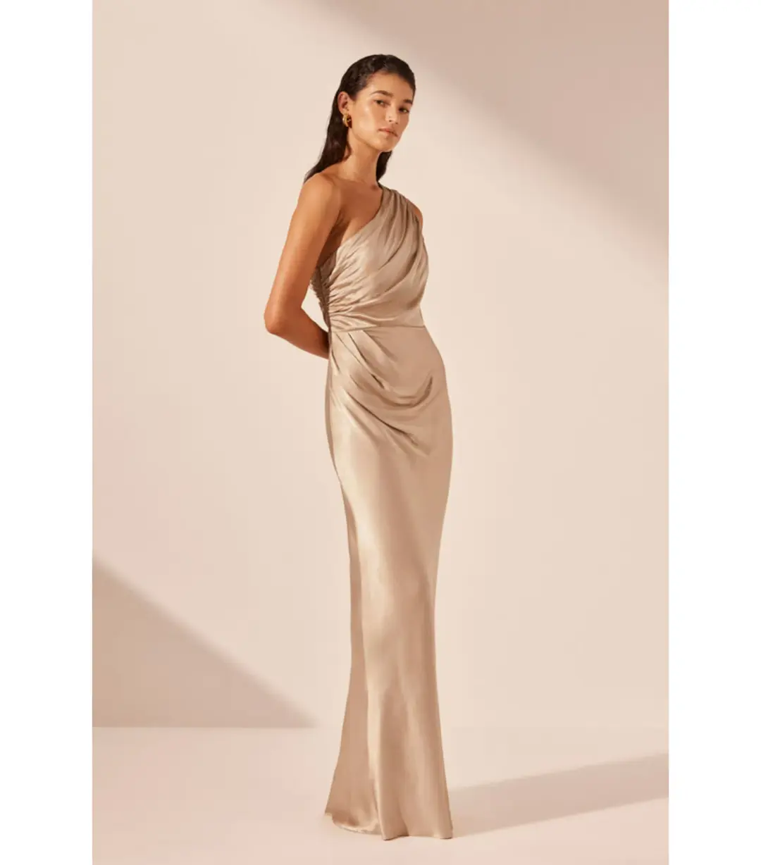 Shona Joy La Lune Gathered One Shoulder Maxi Dress Gold Size AU 16 for rent on The Volte - main image