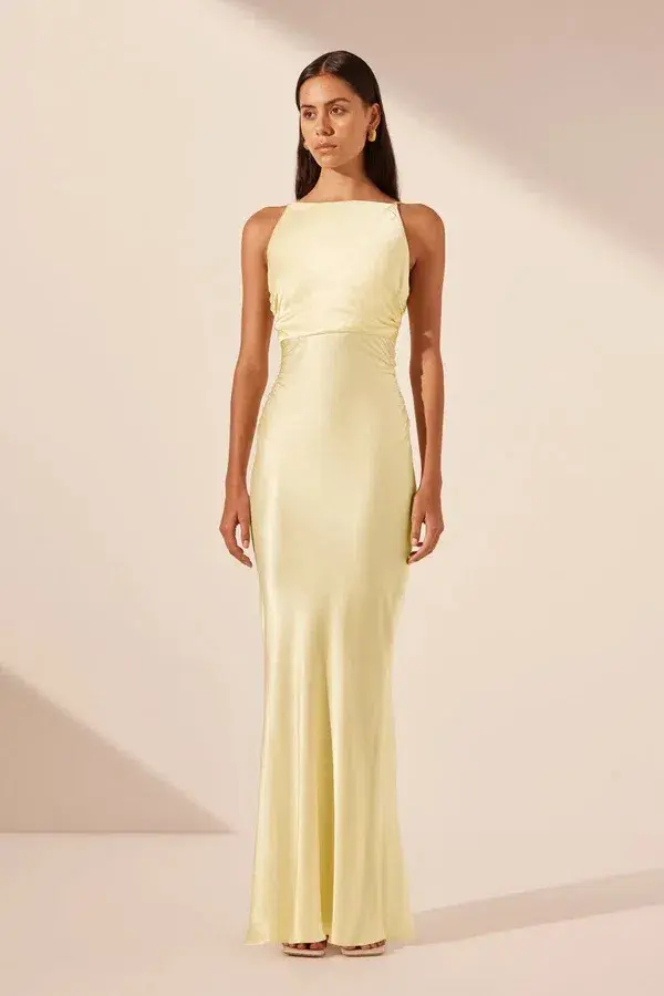 Shona Joy La Lune High Neck Ruched Maxi Dress Lemon Size 10 for rent on The Volte - main image