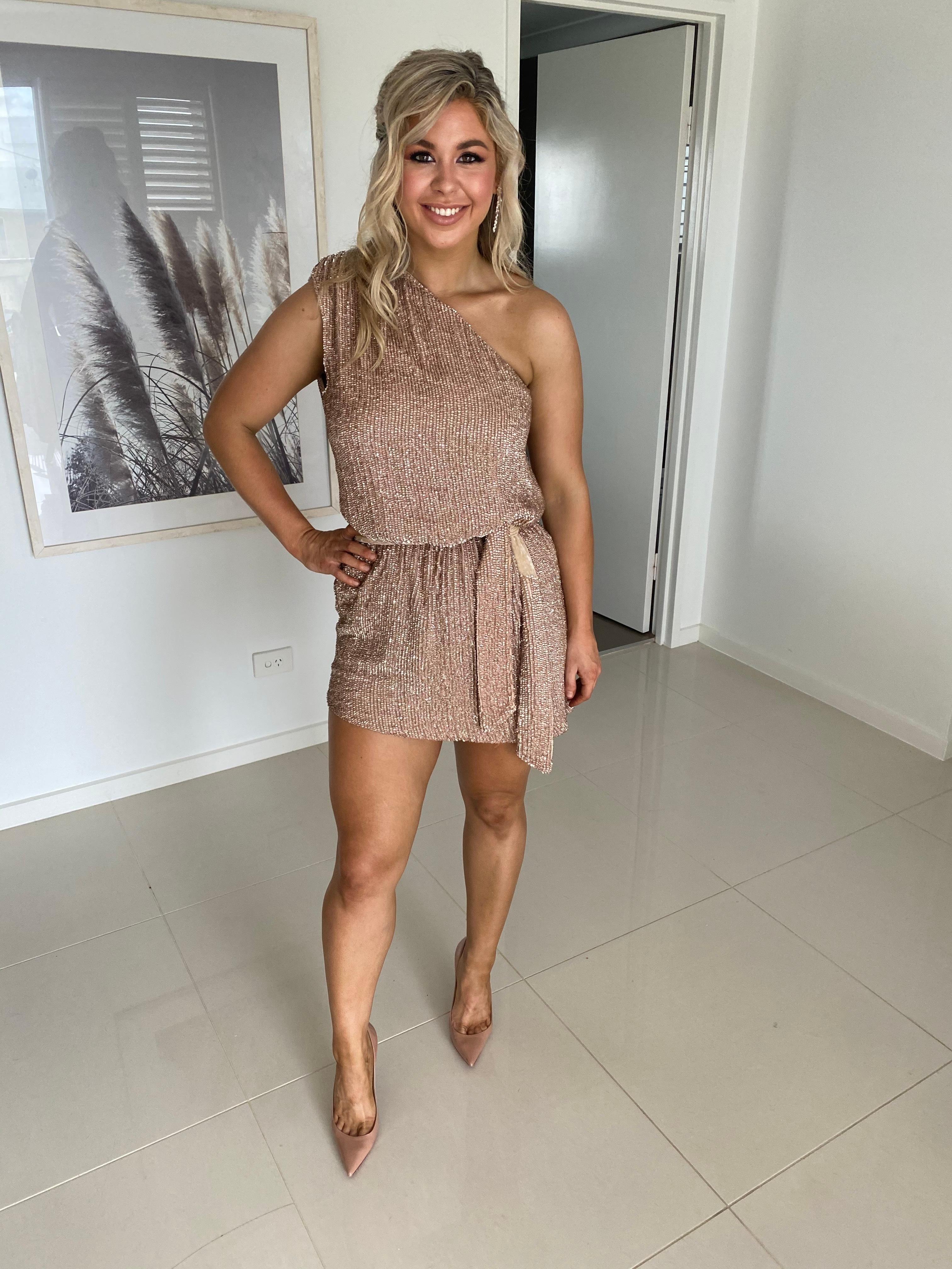 Retrofete Ella One Shoulder Sequin Dress Rose Gold Size 8 - Image 2