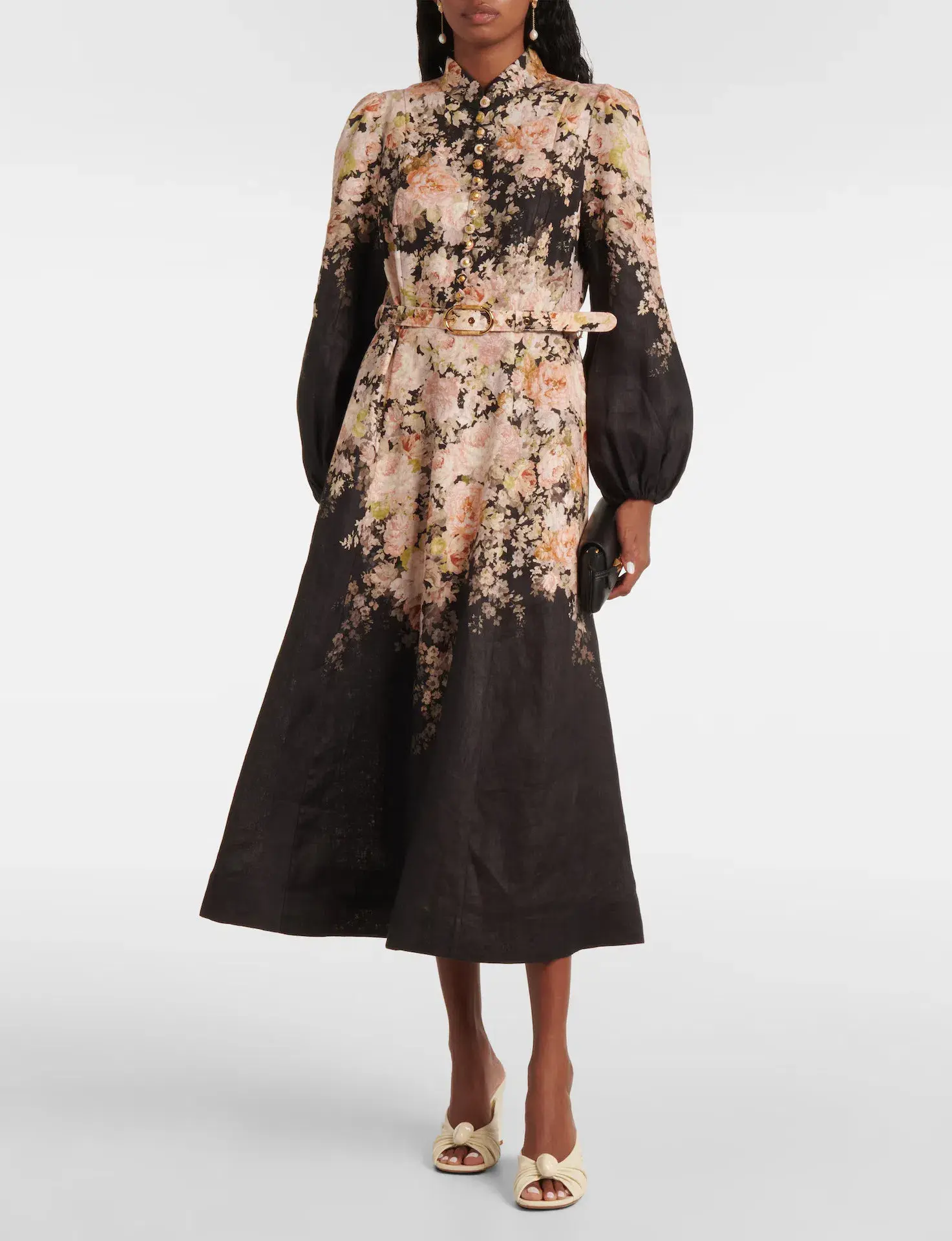 Zimmermann Illustration Buttoned Midi Dress in Black Rococo Floral Size 4 - Image 1