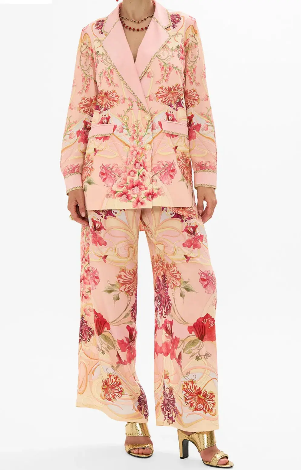 Camilla Double Breasted Soft Jacket (Size L) and Straight Leg Pants (Size XXL) Set in Blossoms and Brushstrokes - Image 1