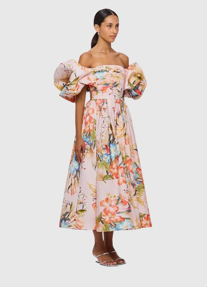 Leo Lin Matilda Puff Sleeve Midi Dress Opulent Print in Blush Size 14 for rent on The Volte - main image