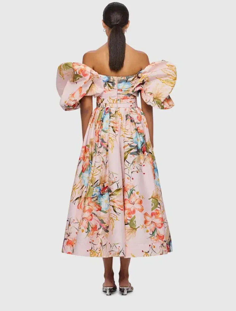 Leo Lin Matilda Puff Sleeve Midi Dress Opulent Print in Blush Size 14 for rent on The Volte - main image