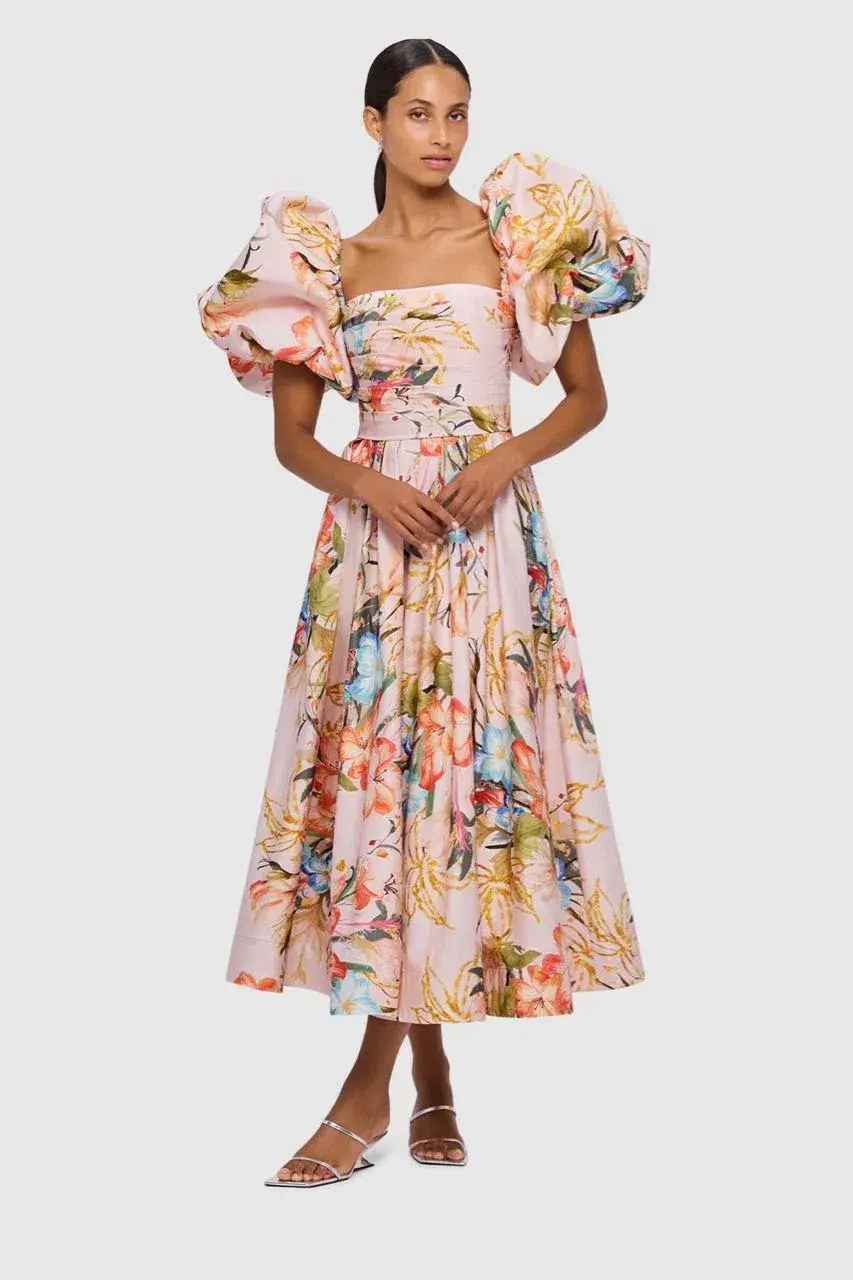 Leo Lin Matilda Puff Sleeve Midi Dress Opulent Print in Blush Size 14 - Image 4