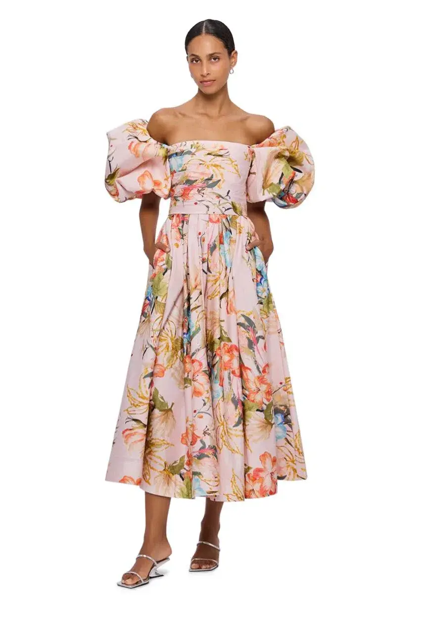Leo Lin Matilda Puff Sleeve Midi Dress Opulent Print in Blush Size 14 - Image 1