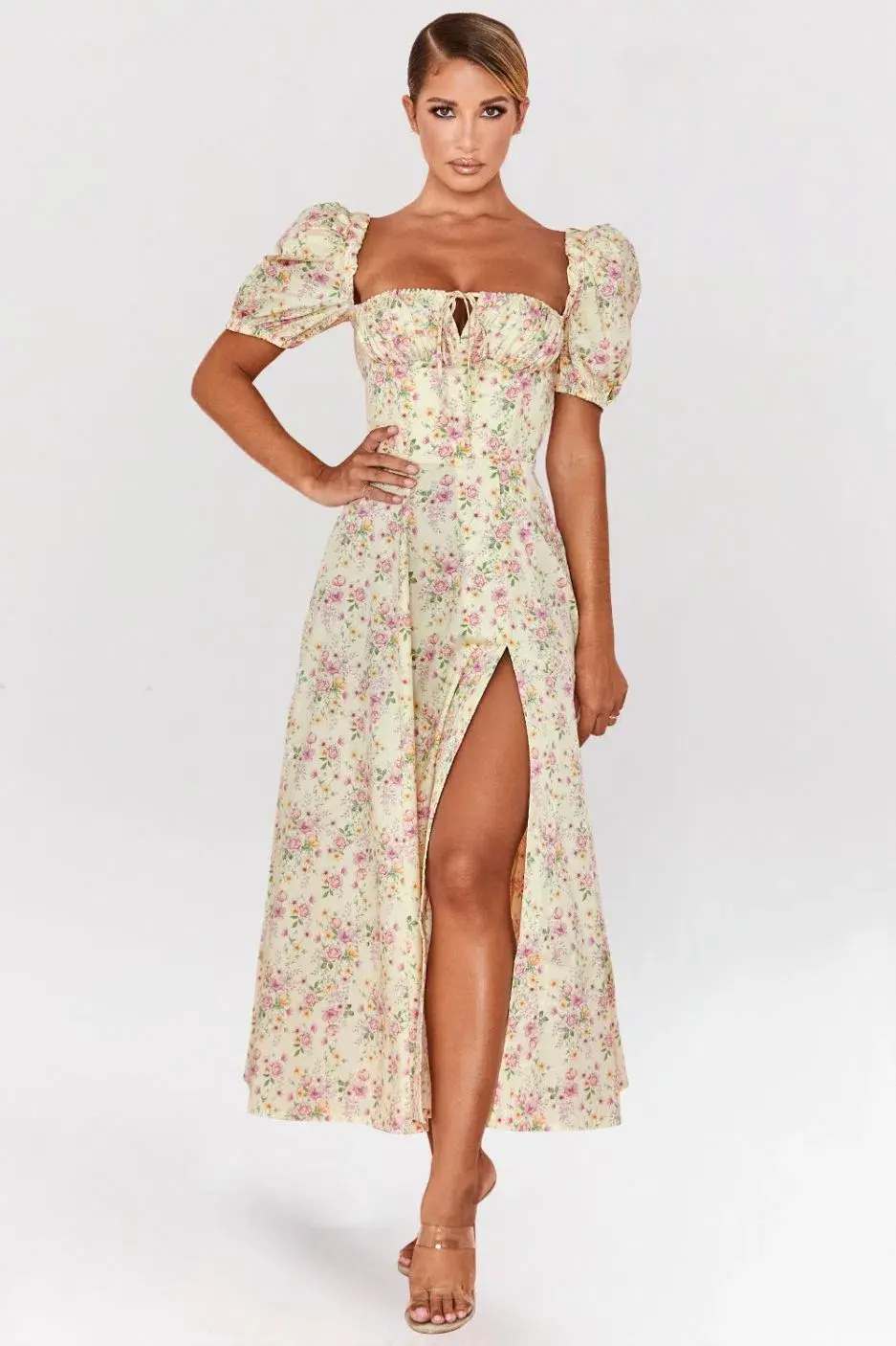 House of CB Lemon Floral Tallulah Dress Puff Sleeve Size Size 12 for rent on The Volte - main image