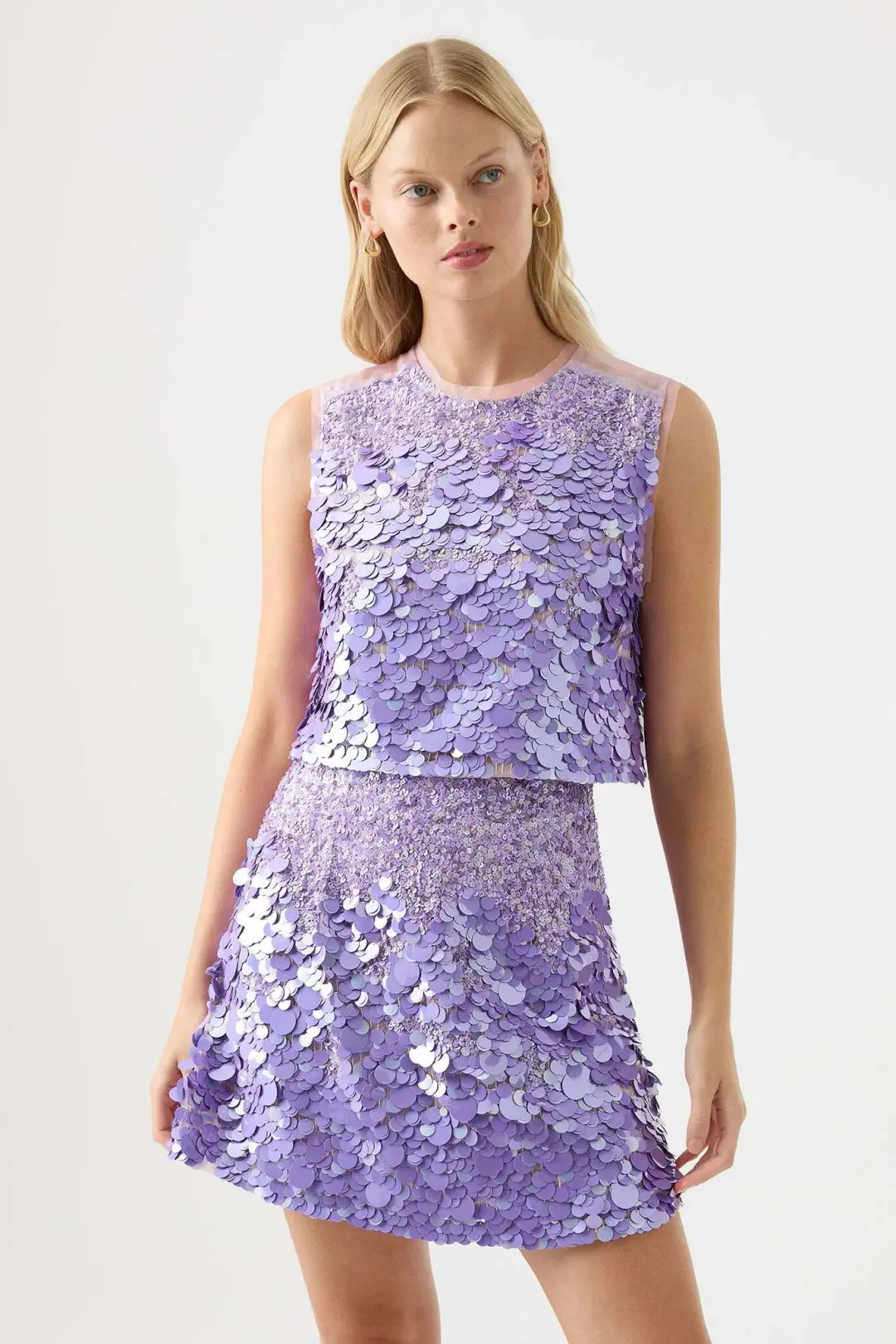 Aje Celeste Sequin Shell Top and Cherie Sequin Skirt Set Purple Size 8 for rent on The Volte - main image