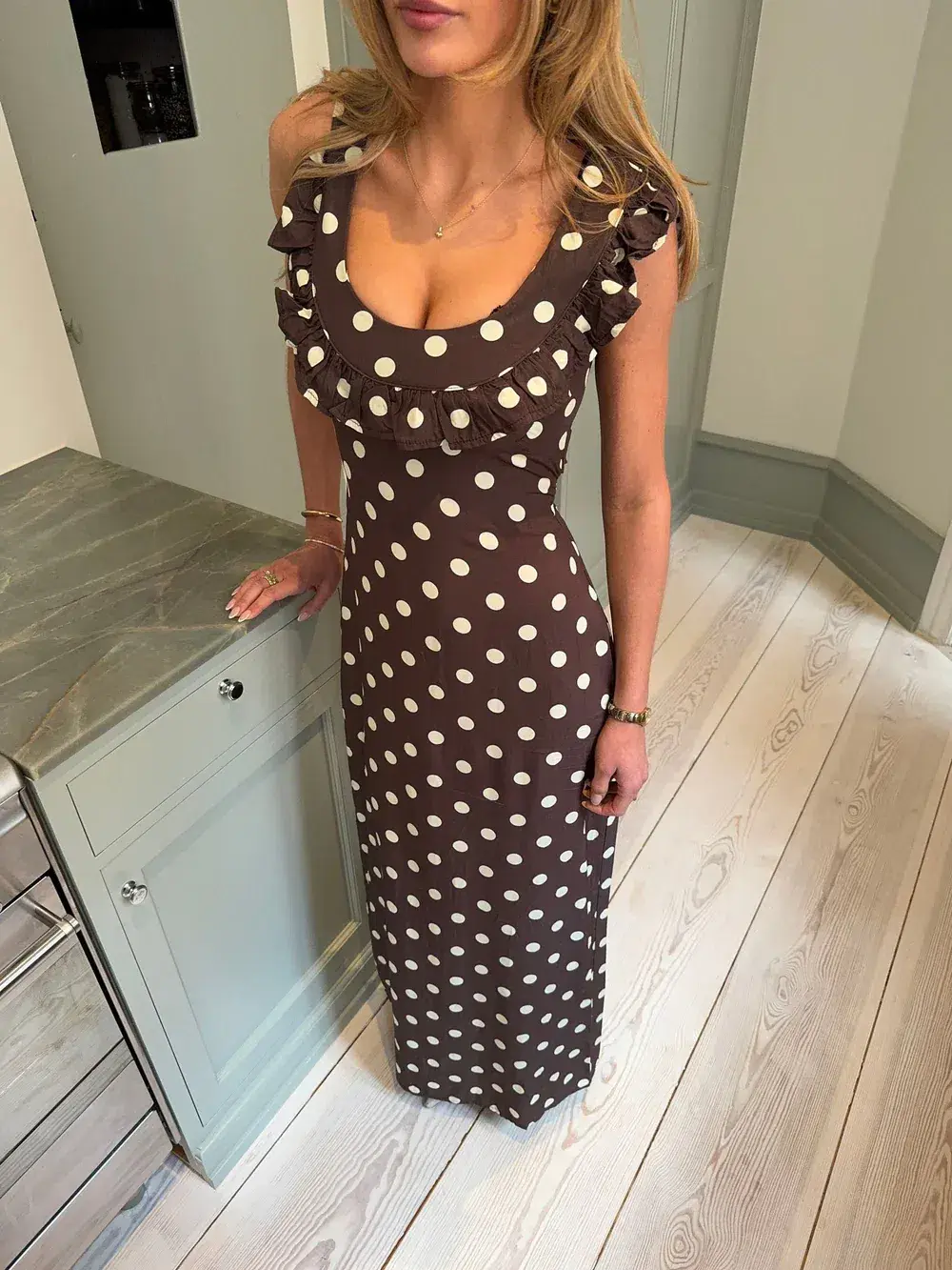 Design By Si Luna Dress Maxi Dress Brown Polka Size 8 - Image 4