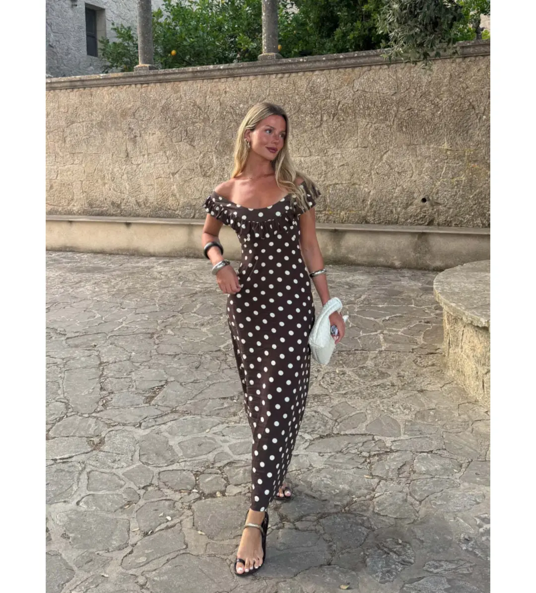 Design by Si Luna Maxi Dress Polka Dots Brown/Yellow Size AU 10 for rent on The Volte - main image