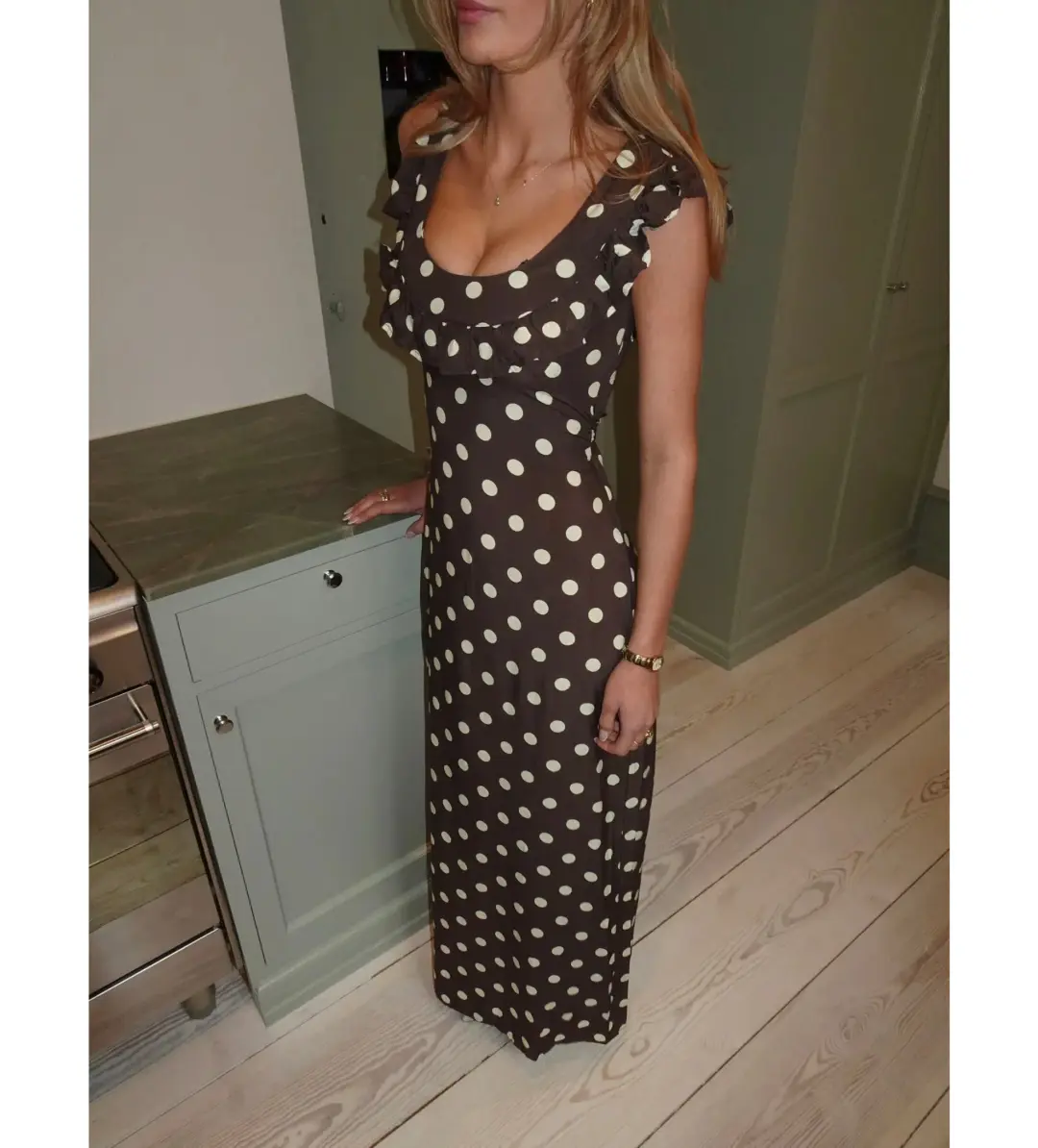 Design by Si Luna Maxi Dress Polka Dots Brown/Yellow Size AU 12 for rent on The Volte - main image