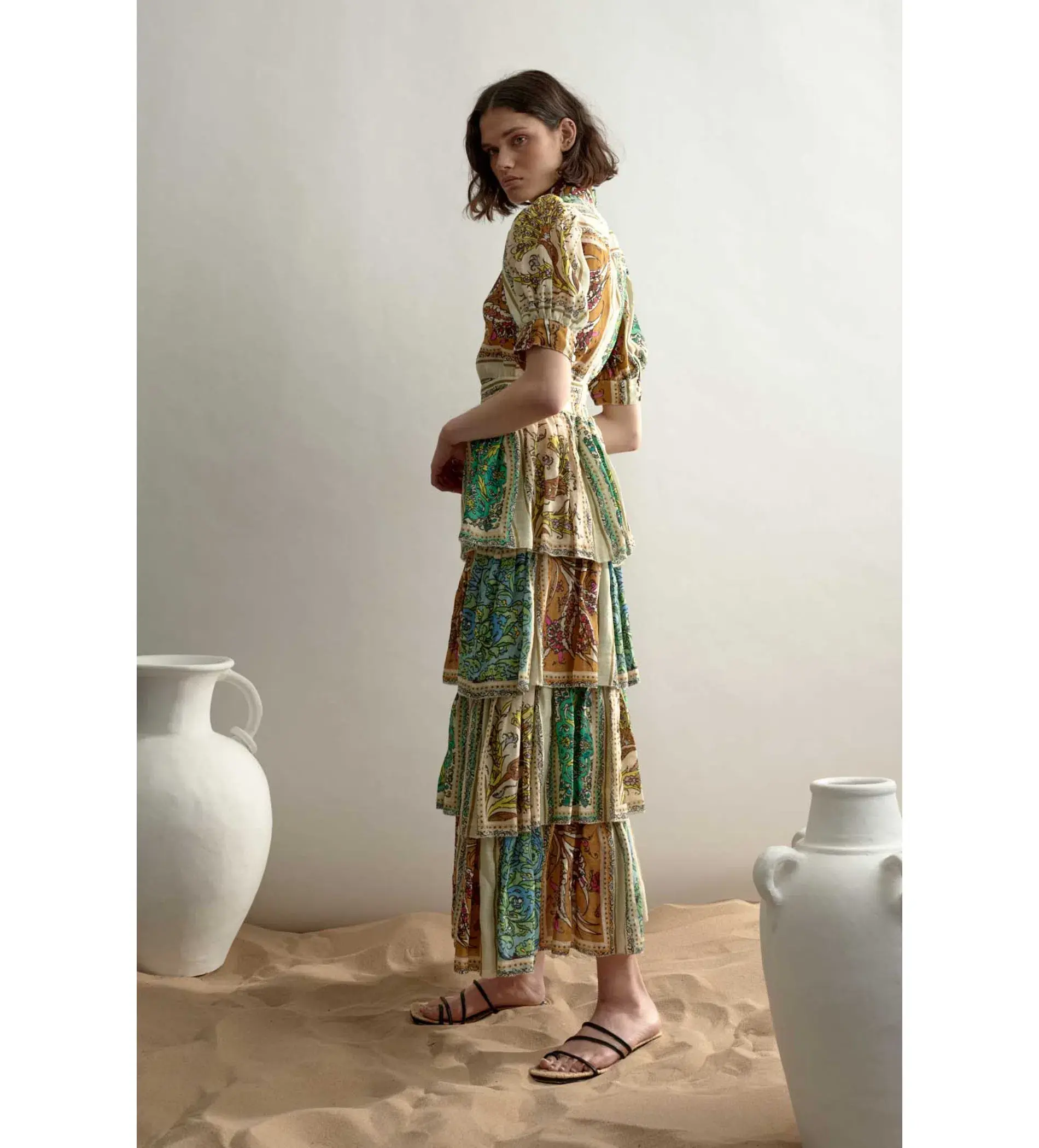 Alemais Delphine Tiered Midi Dress Multi Floral Size AU 10 - Image 3