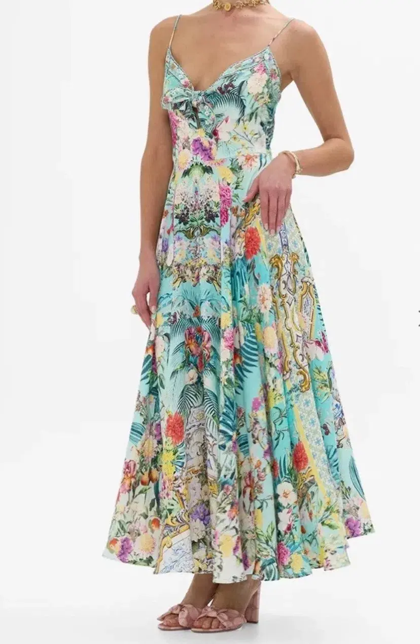 Camilla Gardens Of Queluz Long Dress With Tie Front  Multi Print Size XS / AU 8 for rent on The Volte - main image