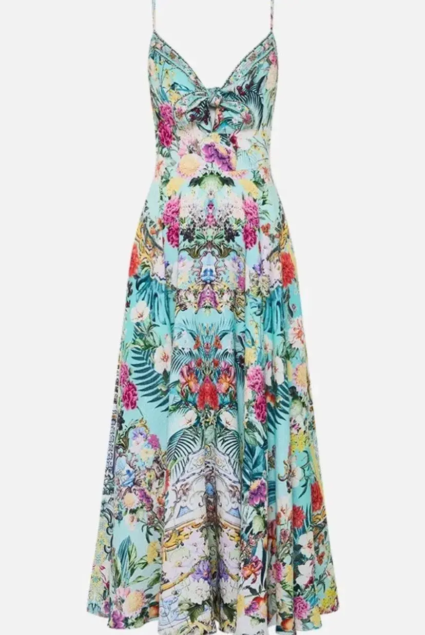 Camilla Gardens Of Queluz Long Dress With Tie Front  Multi Print Size XS / AU 8 for rent on The Volte - main image