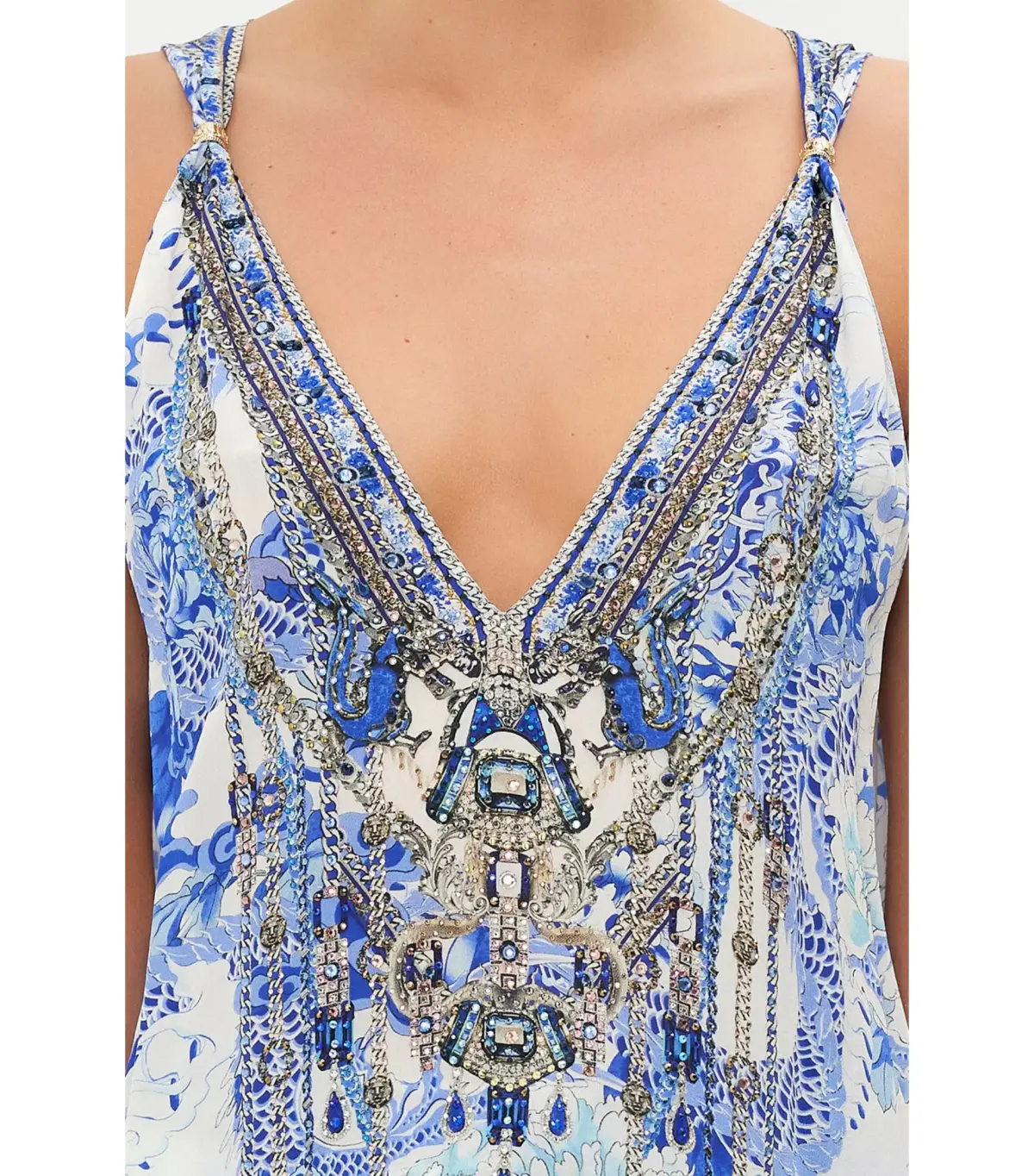 Camilla Tank Top With Strap Bead Detail White/Blue Size M / AU 12 - Image 3