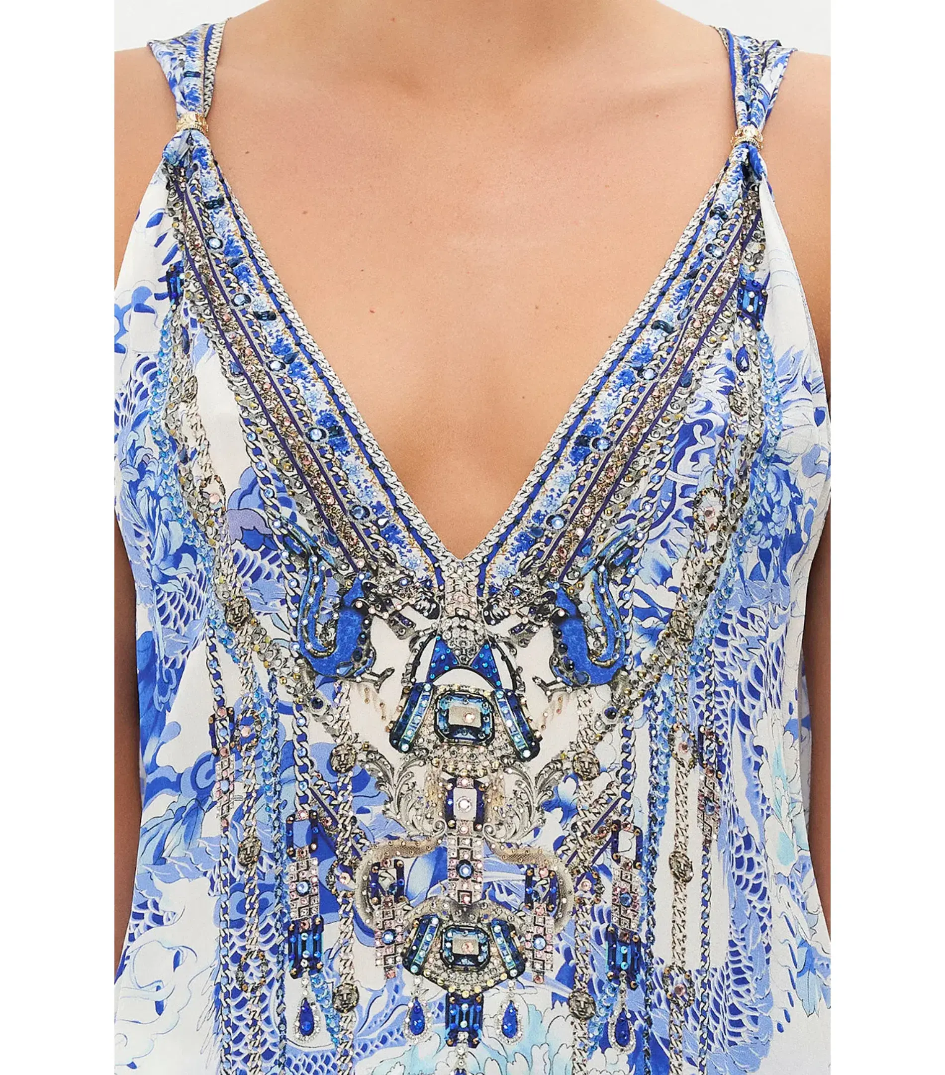 Camilla Tank Top With Strap Bead Detail White/Blue Size M / AU 12 - Image 3